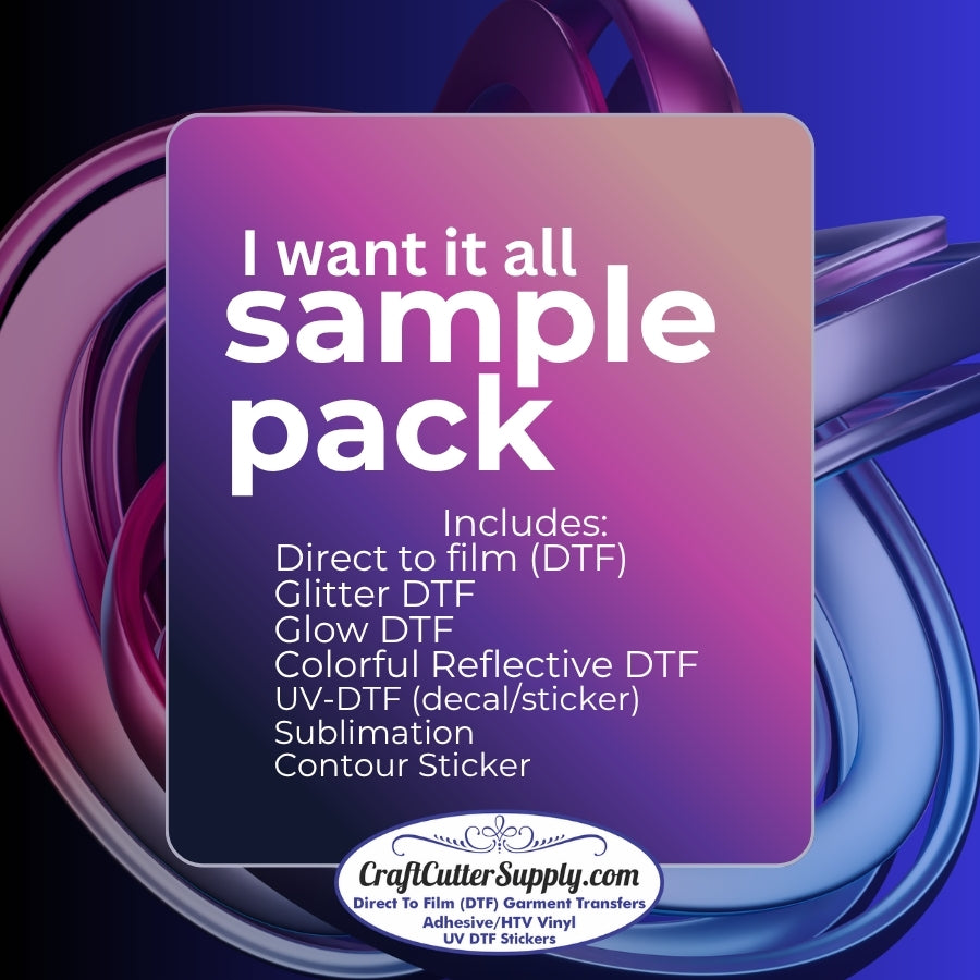 Sample Pack Of: DTF, Glitter DTF, Glow DTF, Colorful Reflective DTF, UV DTF, And Sublimation