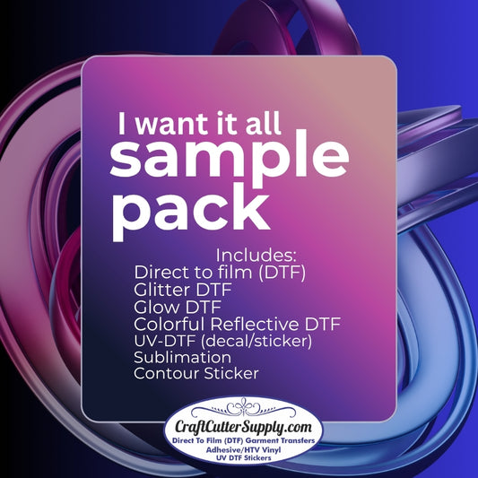 Sample Pack Of: DTF, Glitter DTF, Glow DTF, Colorful Reflective DTF, UV DTF, And Sublimation
