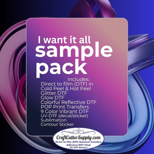 Sample Pack Of: DTF, Glitter DTF, Glow DTF, Colorful Reflective DTF, Pop Prints, 9 Color Prints, UV DTF, And Sublimation