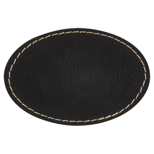 3 1/2" x 2 1/2" Oval Black Gold Laserable/DTF/UV DTF Leatherette Patch with Heat Adhesive