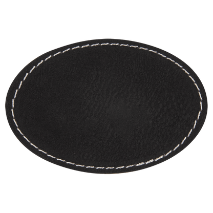 3" x 2" Oval Black Silver Laserable/DTF/UV DTF Leatherette Patch with Heat Adhesive
